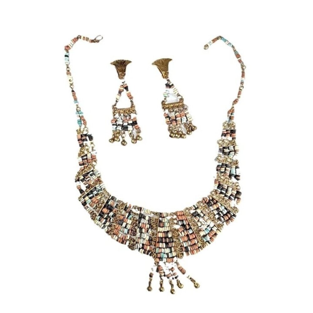Vtg Egyptian Boho Faience Beaded Necklace Clip Earrings Set Mesh Collar Tribal